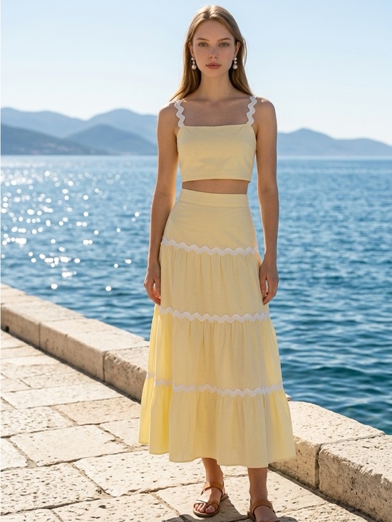 Anna-Kaci Dresses & Skirts - Yellow 2pcs Tiered Maxi Skirt with White Trim and matching Top